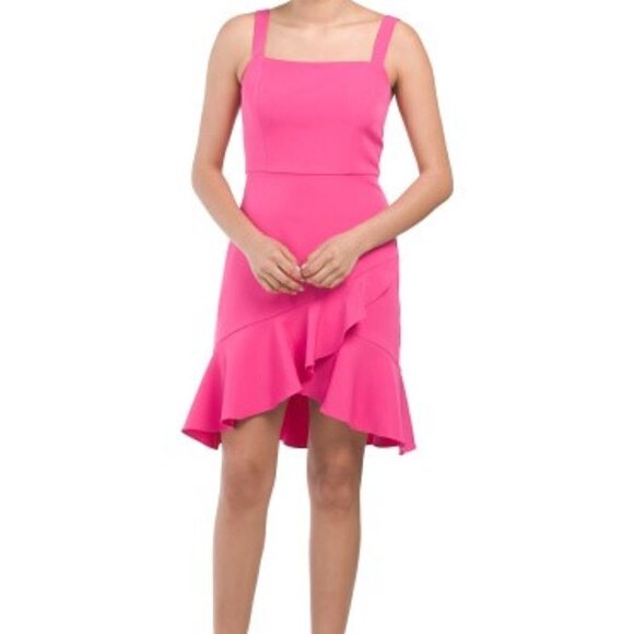 BCBGeneration New Size 16 Fuchsia Pink Square Neck Tulip Ruffle Hem Mini Dress - Picture 2 of 4